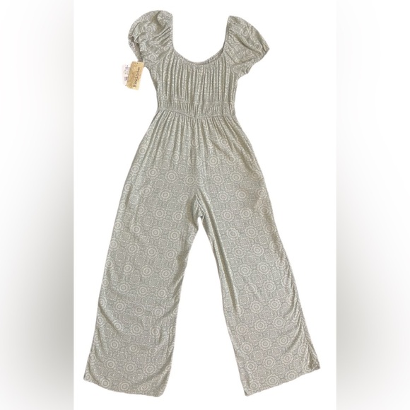 Boho Rewind Jumpsuit Small Olive Green Flowy Wide Leg Smocked Waist Cottagecore - Picture 1 of 9